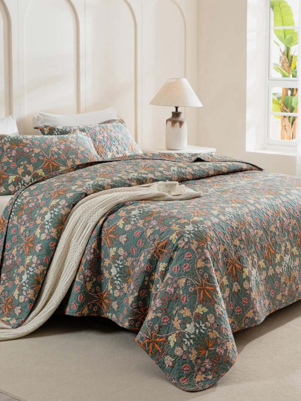 100% Cotton Oversized King Bedspread Set(128"x120")-3Pcs Floral Quilt Coverlet